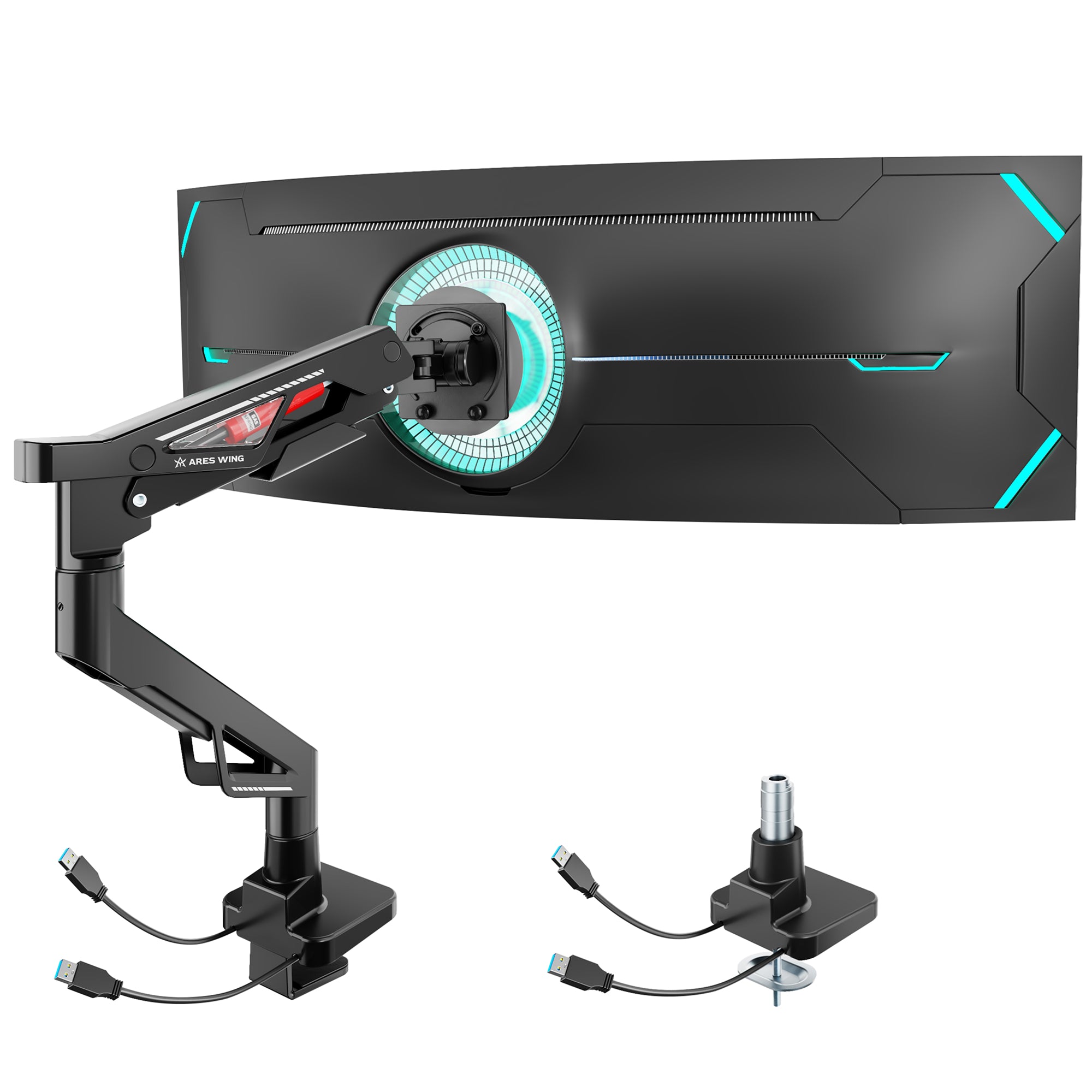 Single Premium Monitor Arm with USB ARES WING