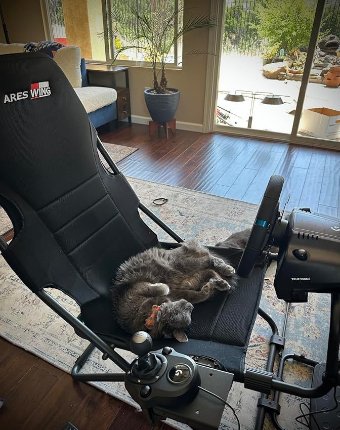 Gaming workstation with a curved monitor, racing simulator, and ergonomic gaming chair