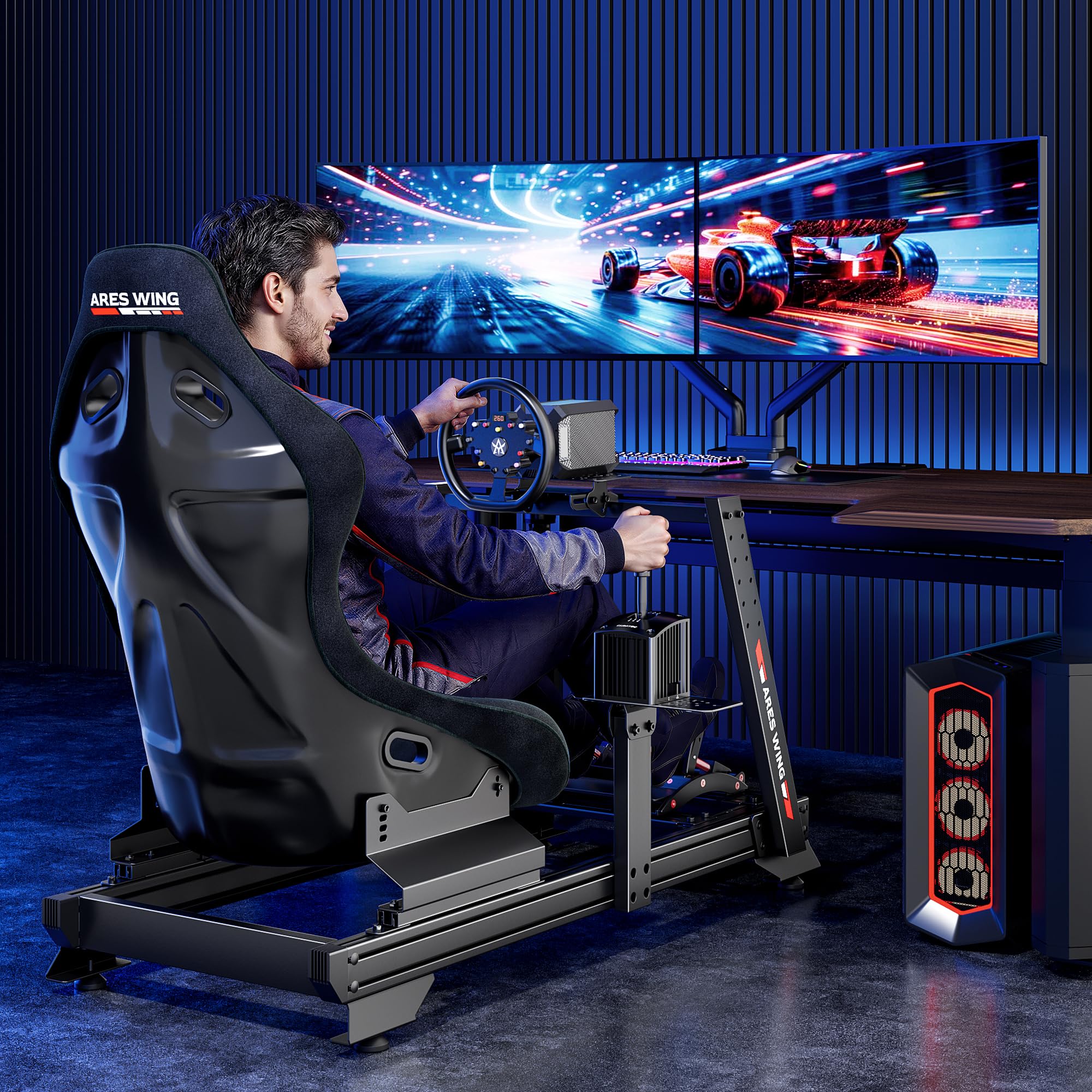 Sim Racing Cockpit with Racing Seat | GRS1006BK – ARES WING