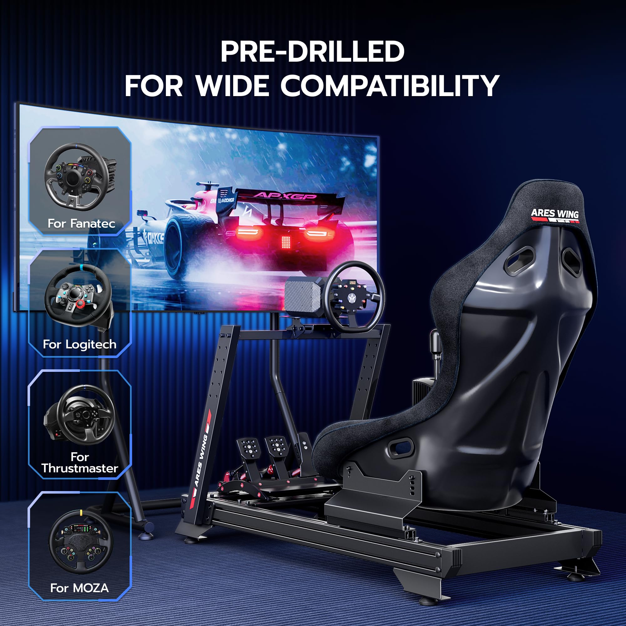 Sim Racing Cockpit with Racing Seat | GRS1006BK – ARES WING