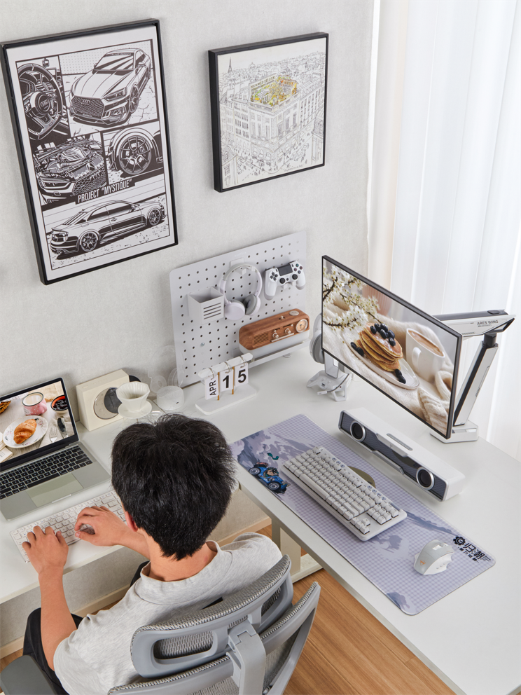 Modern home office setup with dual monitors
