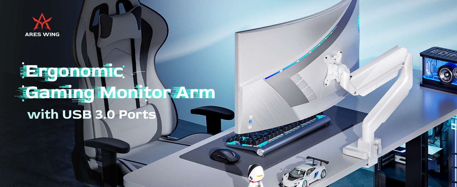 ARES WING | Single Monitor Arm with USB Ports | GDT1007UCWH