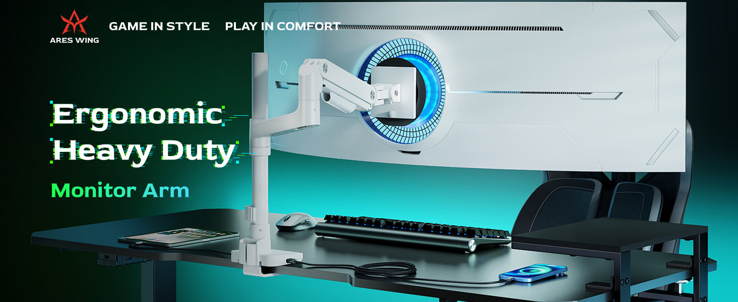 ARES WING | Heavy Duty Monitor Arm with USB Ports | GDT1004UCPWH
